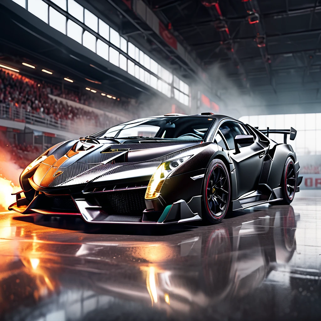 Amazing 3D views in a racetrack a highly detailed, photorealistic, 8k image of a lamborghini veneno, glossy black paint, intricate carbon fiber body, dynamic low angle view, dramatic lighting, cinematic composition, hyperrealistic details, in a big race, flames and explotions