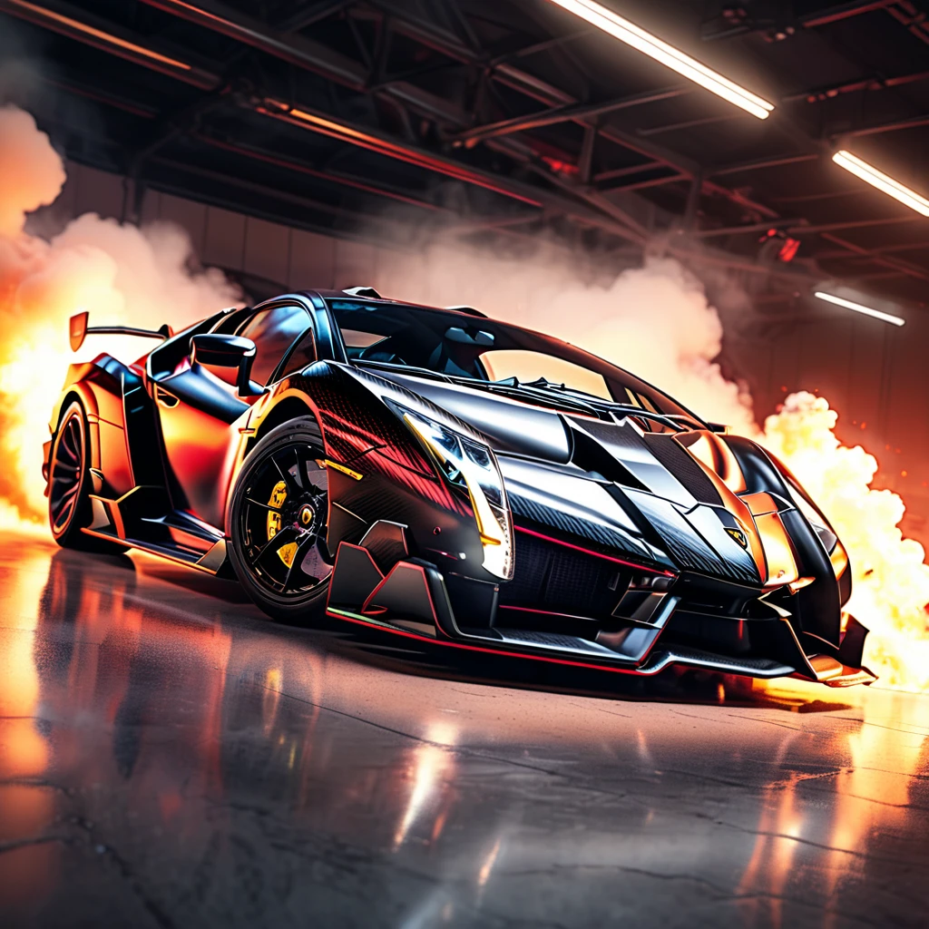 Amazing 3D views in a racetrack a highly detailed, photorealistic, 8k image of a lamborghini veneno, glossy black paint, intricate carbon fiber body, dynamic low angle view, dramatic lighting, cinematic composition, hyperrealistic details, in a big race, flames and explotions