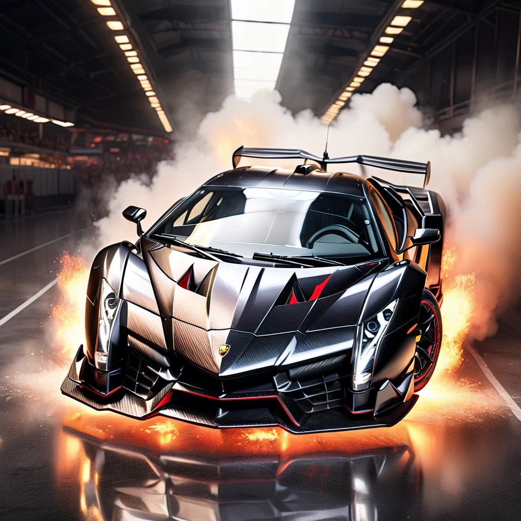 Amazing 3D views in a racetrack a highly detailed, photorealistic, 8k image of a lamborghini veneno, glossy black paint, intricate carbon fiber body, dynamic low angle view, dramatic lighting, cinematic composition, hyperrealistic details, in a big race, flames and explotions
