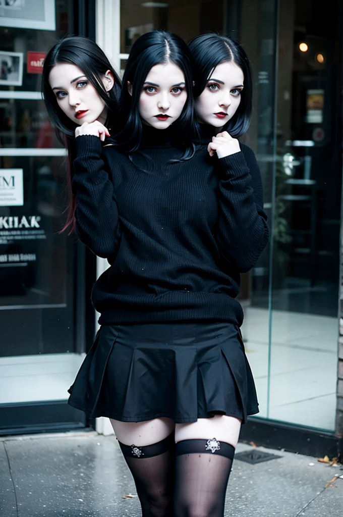 2heads, three headed goth girl, age 19, slightly chubby, black sweater, black skirt, pale skin,