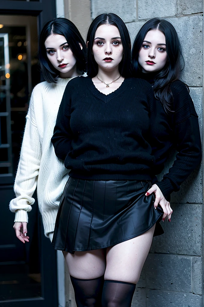 2heads, three headed goth girl, age 19, slightly chubby, black sweater, black skirt, pale skin,