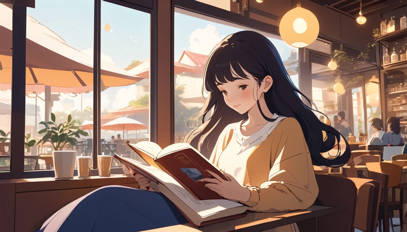 Woman reading a book in a cafe、, Wide-angle lens, Lofi Anime, Lofi illustration, Aesthetic atmosphere, Lo-Fi Style, Vector art, Flat Design, Simple shape, Warm tones, Pleasant atmosphere, Chill, In anime style, Digital drawing, Vector art, Vector logo for t-shirt printing, (Adorable:1.5), (small:1.4), (Playful:1.2), (soft:1.3), (Whimsical:1.1), masterpiece, Highest quality, 8K, Intricate details, grow, Celestial, Mysterious, Picturesque, amazing, Majestic, Magic, Fantasy art, Cover art, dream-like