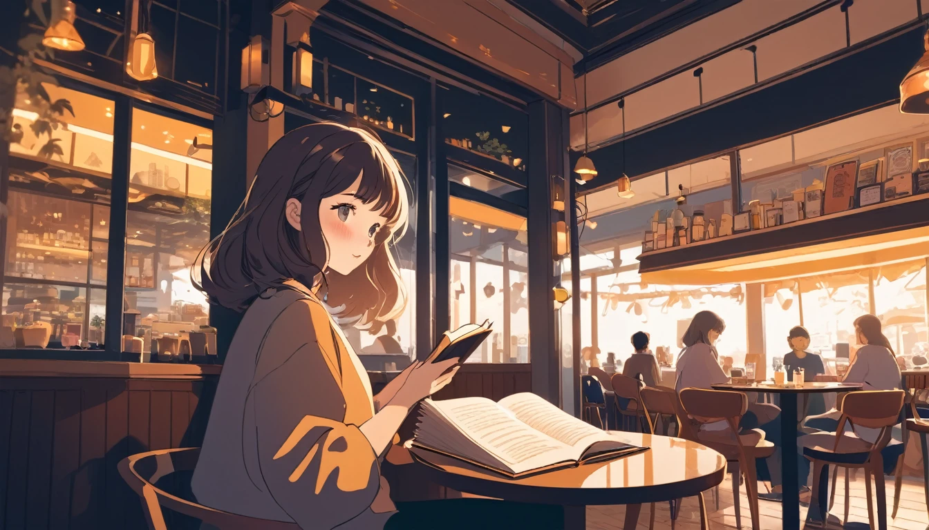 Woman reading a book in a cafe、, Wide-angle lens, Lofi Anime, Lofi illustration, Aesthetic atmosphere, Lo-Fi Style, Vector art, Flat Design, Simple shape, Warm tones, Pleasant atmosphere, Chill, In anime style, Digital drawing, Vector art, Vector logo for t-shirt printing, (Adorable:1.5), (small:1.4), (Playful:1.2), (soft:1.3), (Whimsical:1.1), masterpiece, Highest quality, 8K, Intricate details, grow, Celestial, Mysterious, Picturesque, amazing, Majestic, Magic, Fantasy art, Cover art, dream-like
