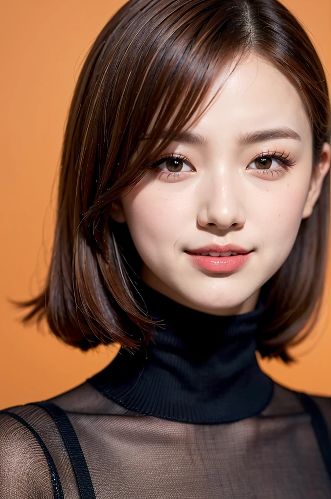 Realistic, masterpiece, highest quality, highest resolution, one japanese woman, A happy smile, beautiful detailed eyes, black eyes, thin eyebrows, Make your eyelashes delicate, false eyelashes, orange eyeliner, Lipstick is a light color, short hair, Hair color is light brown, Carefully draw the face, Simple design black turtleneck sweater、portrait background, upper body photo