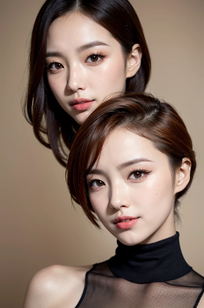Realistic, masterpiece, highest quality, highest resolution, one japanese woman, A happy smile, beautiful detailed eyes, black eyes, thin eyebrows, Make your eyelashes delicate, false eyelashes, orange eyeliner, Lipstick is a light color, short hair, Hair color is light brown, Carefully draw the face, Simple design black turtleneck sweater、portrait background, upper body photo
