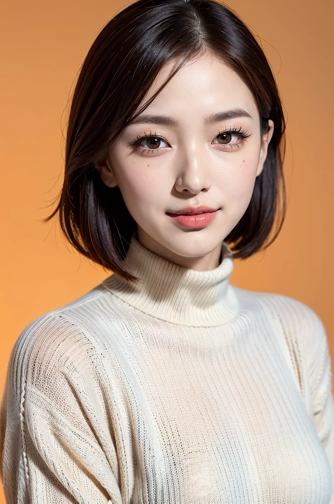 Realistic, masterpiece, highest quality, highest resolution, one japanese woman, A happy smile, beautiful detailed eyes, black eyes, thin eyebrows, Make your eyelashes delicate, false eyelashes, orange eyeliner, Lipstick is a light color, short hair, Hair color is light brown, Carefully draw the face,  Simple design black turtleneck sweater、portrait background, upper body photo