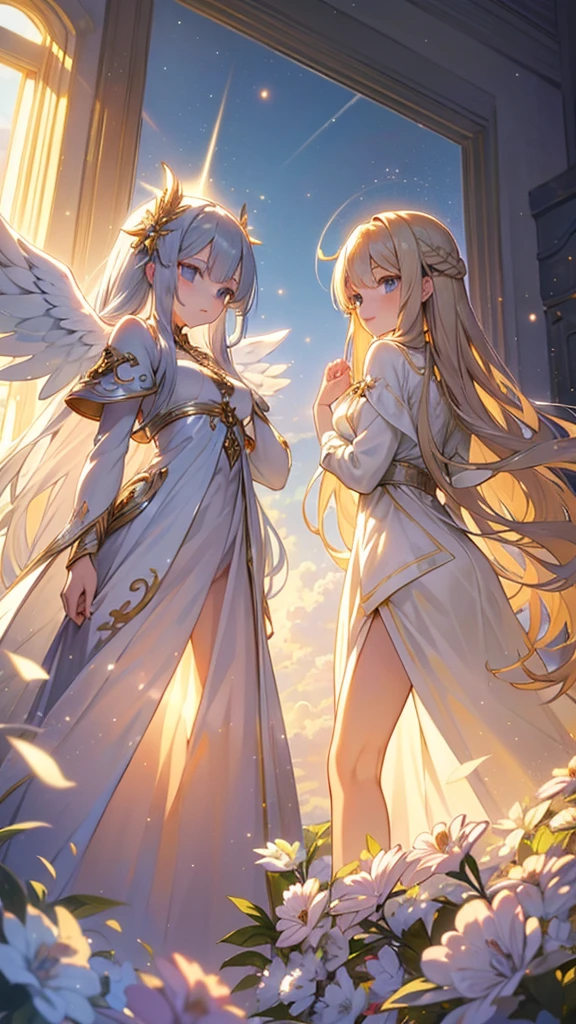 2 beautiful twin goddess, silver-haired and golden-haired, divine and gorgeous, majestic, radiant, beams of light, each with 2 pure white angelic wings, high quality, highly detailed, masterpiece, anime style