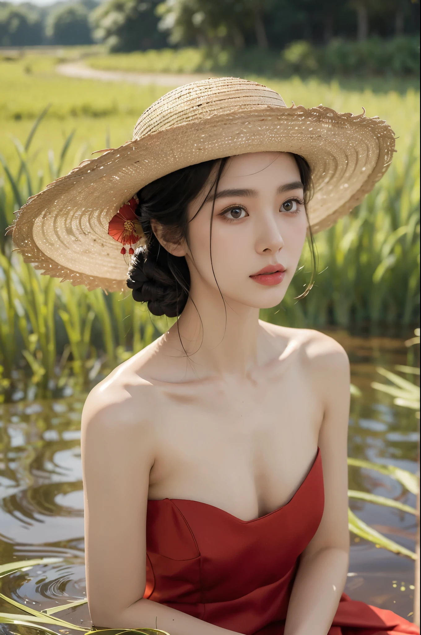 (((best quality))),(((ultra detailed))),(((masterpiece))),illustration,1 beautiful girl,slim,straw hat,shiny skin,black skin,sweat,wet,flat chest,short Embroidered red cheongsam,collar,bare arms,sitting in the Paddy pool filled with Rice seedlings,upper body,elegant, clear sky, sunlight, dreamy, contrast, natural,Chinese rural landscape,The body below the neck is in water