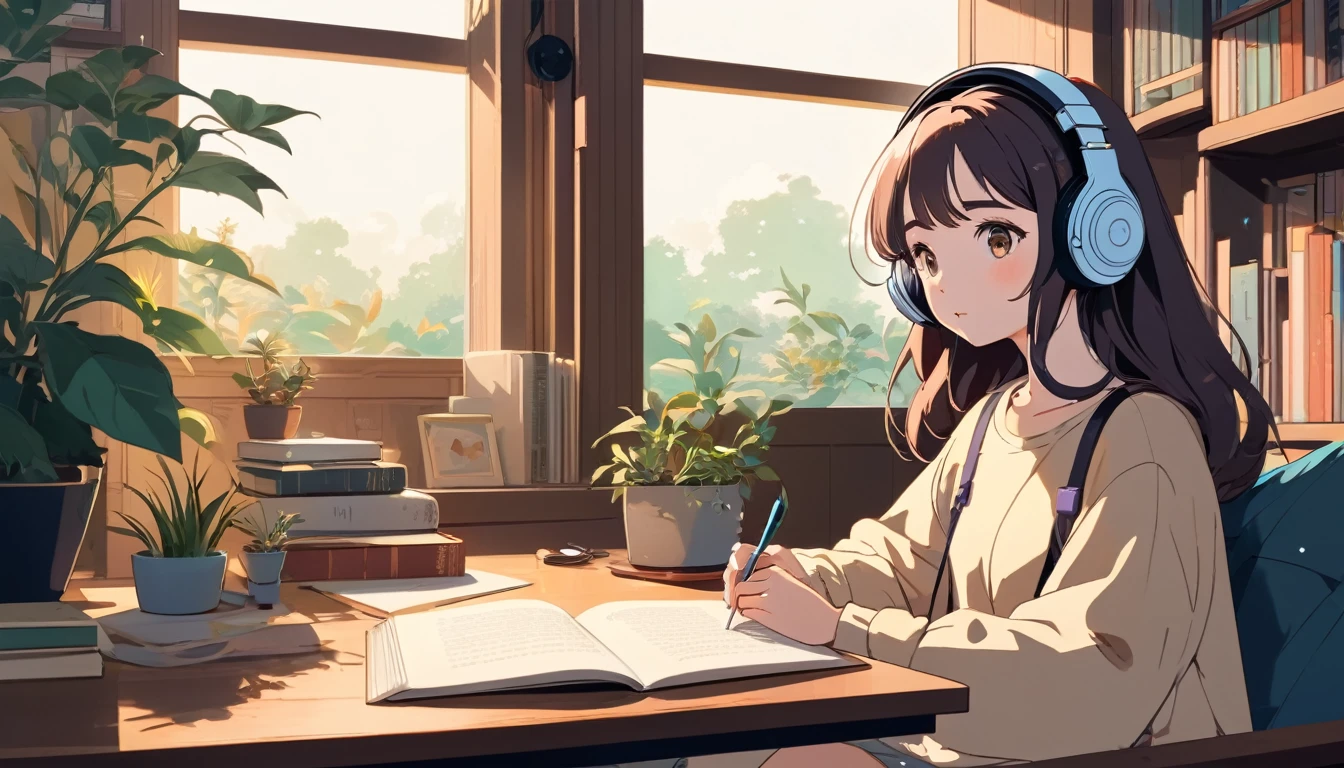 A woman studying with headphones on、, Wide-angle lens, Lofi Anime, Lofi illustration, Aesthetic atmosphere, Lo-Fi Style, Vector art, Flat Design, Simple shape, Warm tones, Pleasant atmosphere, Chill, In anime style, Digital drawing, Vector art, Vector logo for t-shirt printing, (Adorable:1.5), (small:1.4), (Playful:1.2), (soft:1.3), (Whimsical:1.1), masterpiece, Highest quality, 8K, Intricate details, grow, Celestial, Mysterious, Picturesque, amazing, Majestic, Magic, Fantasy art, Cover art, dream-like