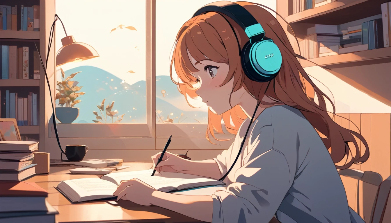 A woman studying with headphones on、, Wide-angle lens, Lofi Anime, Lofi illustration, Aesthetic atmosphere, Lo-Fi Style, Vector art, Flat Design, Simple shape, Warm tones, Pleasant atmosphere, Chill, In anime style, Digital drawing, Vector art, Vector logo for t-shirt printing, (Adorable:1.5), (small:1.4), (Playful:1.2), (soft:1.3), (Whimsical:1.1), masterpiece, Highest quality, 8K, Intricate details, grow, Celestial, Mysterious, Picturesque, amazing, Majestic, Magic, Fantasy art, Cover art, dream-like