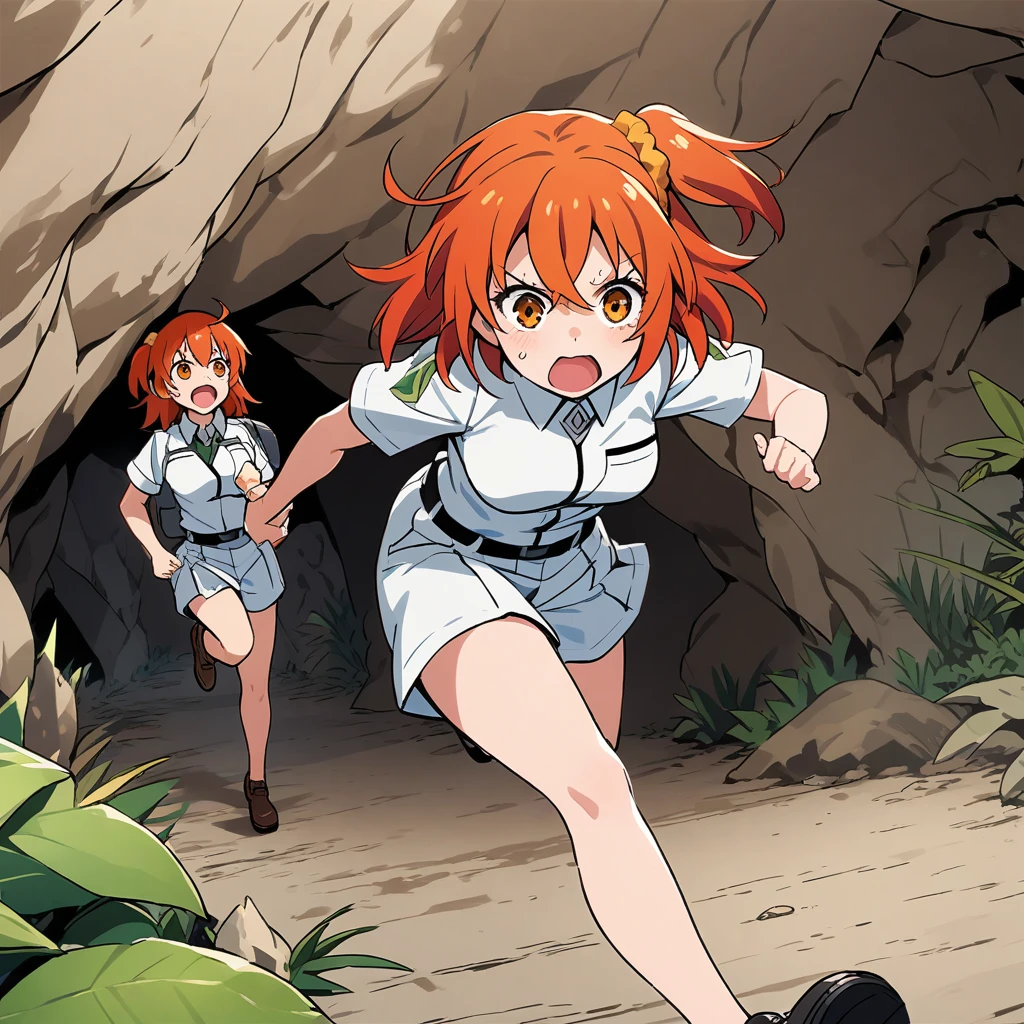 masterpiece, best quality, young girl , torn outfit, torn undies, torn long socks, red shoes, ginger hair, green eyes, surprised, climbing, from below, bare bottom, red backpack, (bitten in the ass by crocodile), cute