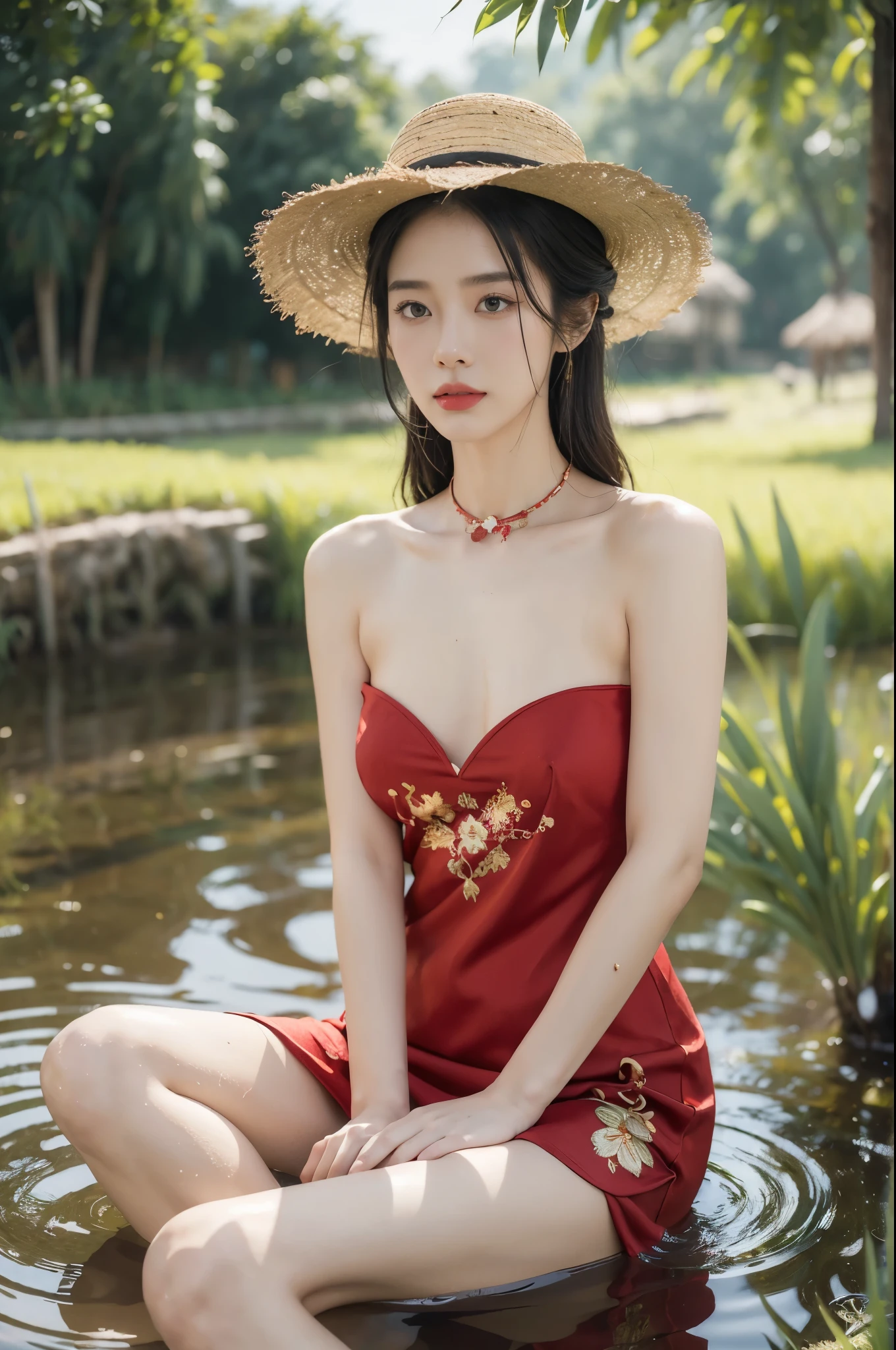 (((best quality))),(((ultra detailed))),(((masterpiece))),illustration,1 beautiful girl,slim,straw hat,shiny skin,black skin,sweat,wet,flat chest,short Embroidered red cheongsam,collar,bare arms,sitting in the Paddy pool filled with Rice seedlings,upper body,elegant, clear sky, sunlight, dreamy, contrast, natural,Chinese rural landscape,The body below the neck is in water