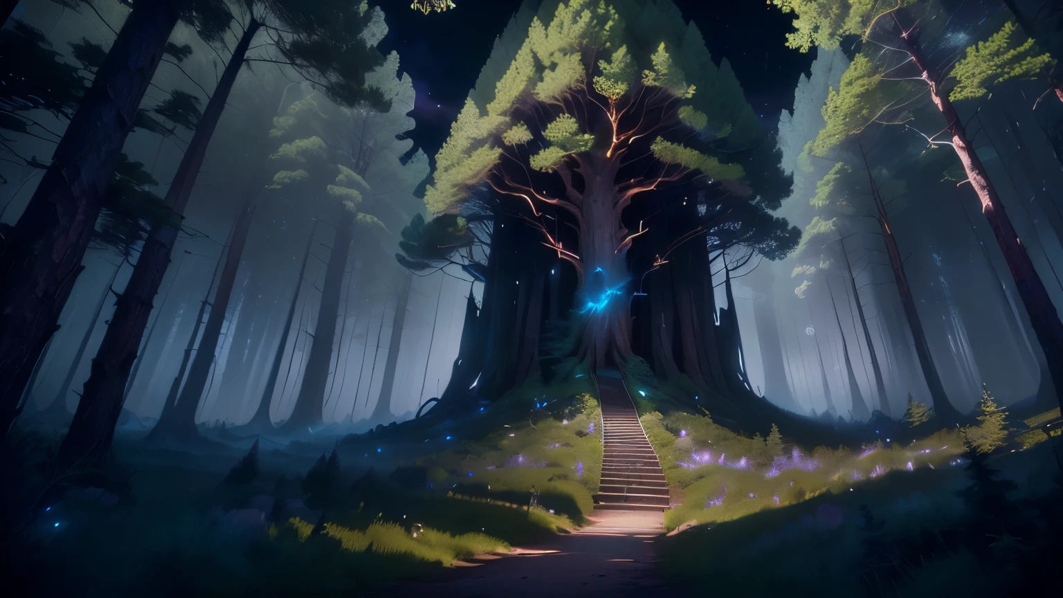((((night,forest,The sky was dark,dark,Dark)))), Giant Tree, Surrealist Concept Art, Giant Trees, Composed of trees and fantasy valley, Unreal Engine fantasy art, Beautiful 3D concept art, Concept Art Wallpaper 4K, Environmental Art, 4k fantasy art, realistic fantasy rendering, stylized concept art, 4k highly detailed digital art