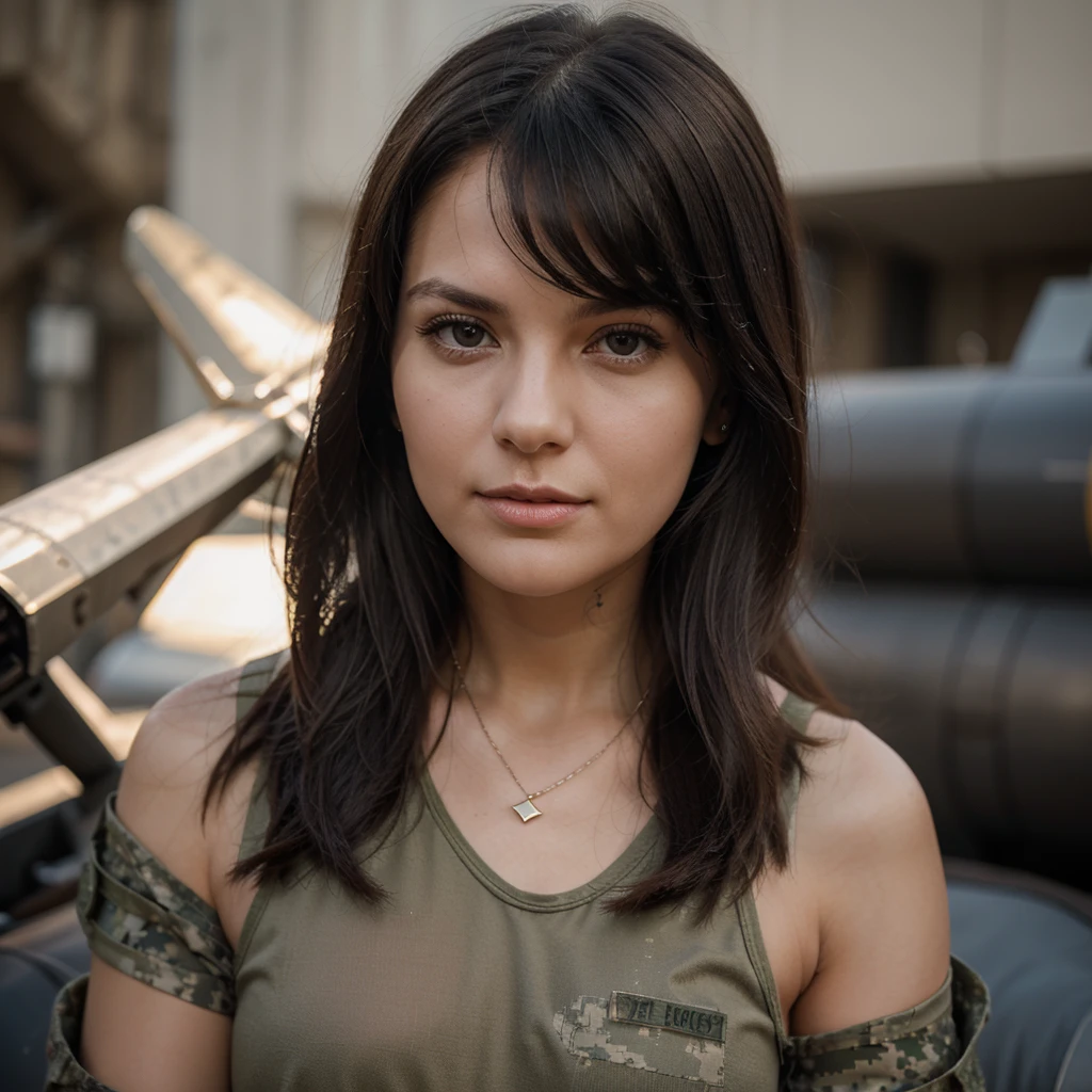 1girl in, 30 years old, Square face, Long hair, Looking at the viewer, jewelry, Realistic, Sexy, military combat outfit, military weapon background tank-plane-artillery-gun, private free position