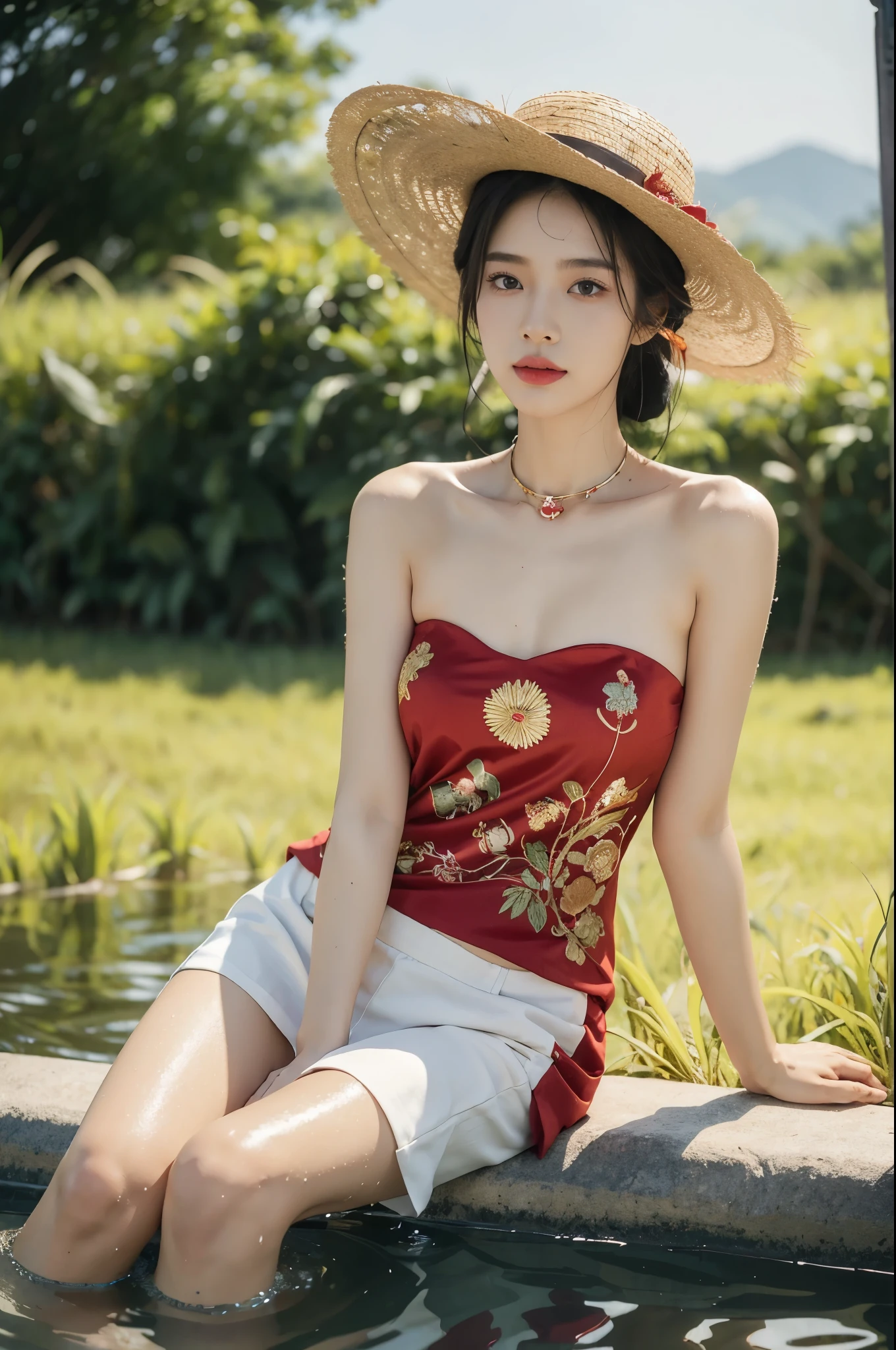 (((best quality))),(((ultra detailed))),(((masterpiece))),illustration,1 beautiful girl,slim,straw hat,shiny skin,black skin,sweat,wet,flat chest,short Embroidered red cheongsam,collar,bare arms,sitting in the Paddy pool filled with Rice seedlings,upper body,elegant, clear sky, sunlight, dreamy, contrast, natural,Chinese rural landscape,The body below the neck is in water