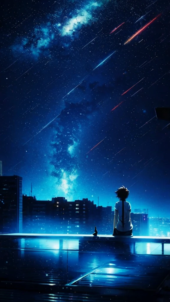 anime painting inspired by Makoto Shinkai, space art, sideways black cat sitting on the roof of a building looking at the sky, mysterious, fantastic, meteor shower, intricate lights, twinkling city lights, (((unmanned))),