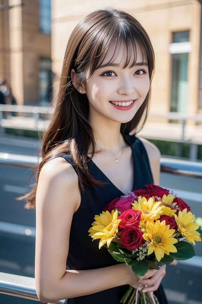 (8K, RAW Photos, Highest quality、masterpiece:1.2), (Realistic、Realistic:1.37), Very detailed, High resolution, 1 girl, laughing, View your viewers, dress, Beautifully detailed face、(Holding a bouquet:1.3),Beautiful and detailed skin、Skin Texture、Floating Hair、Professional Lighting, noon