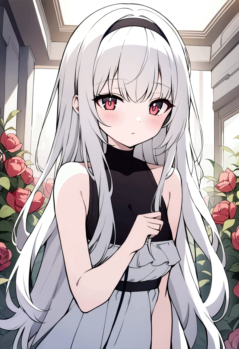 ((masterpiece, best quality))++, Detailed lighting+, Detailed hair+, Detail hand+ ,1 girl, Miss, Long hair, Crimson eyes, beautiful eyes, young white hair,,(Beautiful white hair:1.5),(Beautiful and delicate eyes), high resolution+,glass tint, Reflective eyes, {{angle}} , Very detailed wallpaper, The original, ,Sea of Flowers,Air bangs,city road,Extremely beautiful CG,Girls shopping,Headband,Gray eyelashes