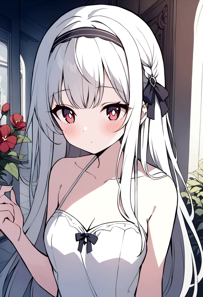 ((masterpiece, best quality))++, Detailed lighting+, Detailed hair+, Detail hand+ ,1 girl, Miss, Long hair, Crimson eyes, beautiful eyes, young white hair,,(Beautiful white hair:1.5),(Beautiful and delicate eyes), high resolution+,glass tint, Reflective eyes, {{angle}} , Very detailed wallpaper, The original, ,Sea of Flowers,Air bangs,city road,Extremely beautiful CG,Girls shopping,Headband,Gray eyelashes