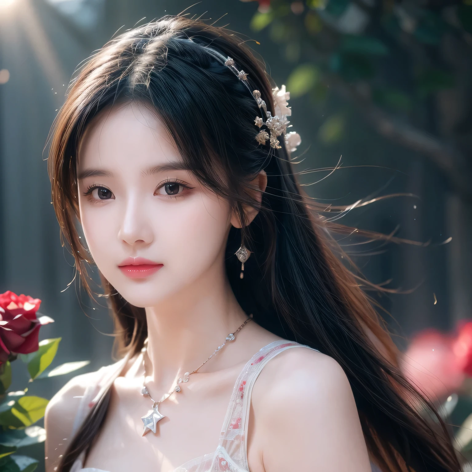best quality, masterpiece, high resolution, Wuxia 1girl,blush,(seductive smile:0.8),star shaped pupils,china hanfu,hair accessories,necklace, jewelry,pretty face,above_Body, Tyndall effect,lifelike, dark studio, edge lighting, two color lights,(High detail skin:1.2), 8K Ultra HD, SLR camera, soft light, high quality, Volumetric lighting, frank, photo, high resolution, 4K, 8k, Bokeh,surrounded by flowing roses
