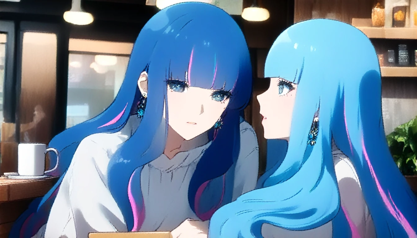 eida, blue hair, blunt bangs, colored colored inner hair, long hair, earrings, long sidelocks, chilling in cafe
