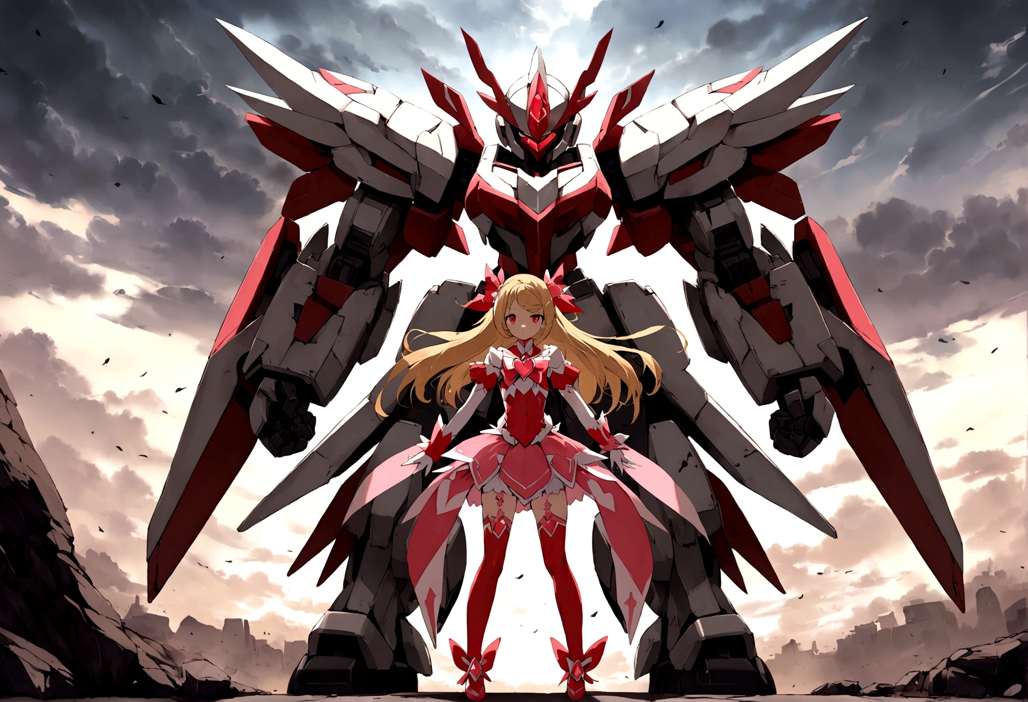 1 mecha style magical girl, blond hair, red eyes, wearing a magical girl armor in a mecha style, standing battle ready , full body in picture, turned towards viewer