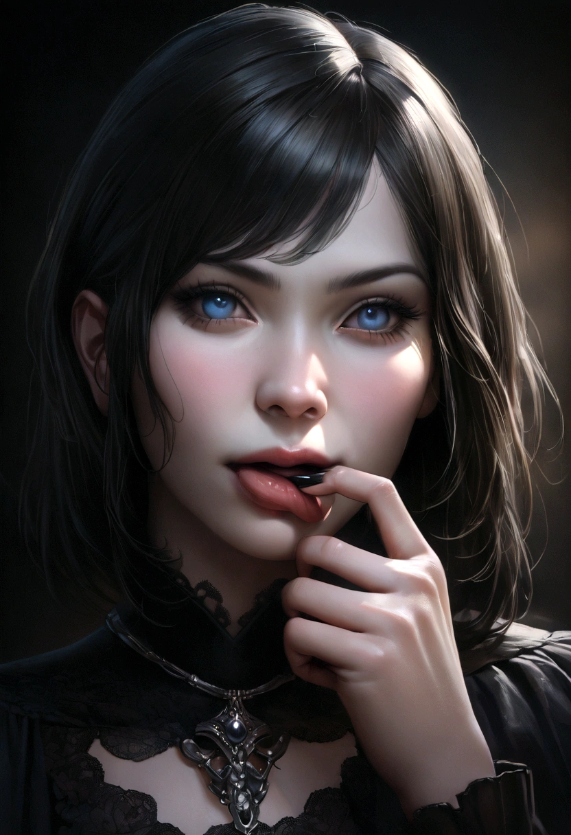 A Mavis girl from the Transylvania hotel with a gothic bob hairstyle blushing face, short, shy, (Ahogae) dramatic blue eyes, close-up, protruding tongue, thick thick lips, pale skin, hands holding jaw, long black painted nails, gothic makeup detailed, (best quality, 4k,8k, high, masterpiece: 1.2), highly detailed ,(realistic,photorealistic,photo-realistic:1.37),dark moody lighting,dramatic shadows,cinematic angles,chiaroscuro lighting,dark fantasy,gothic, horror, cinematic