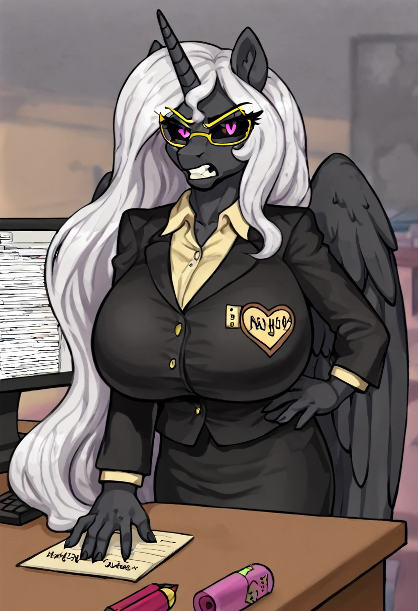 Alicorn princess, white mane,black sclera ,black body color long flowing mane pink eyes anthro huge breasts
hot for teacher yellow glasses, black skirt suit,doing paperwork ,,writing ,principal , ,computer looking at viewer ,angry look mad