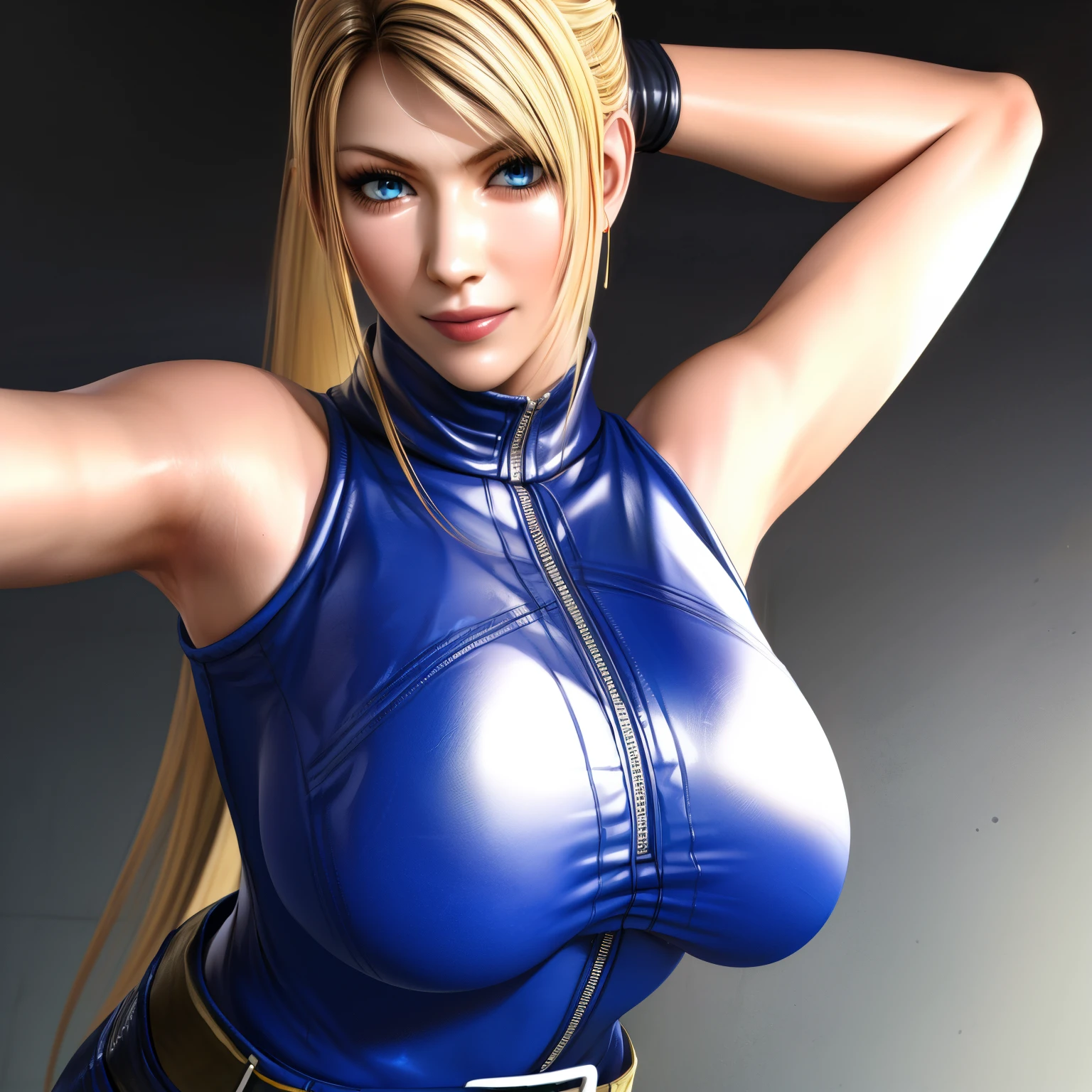 Sarah, blue eyes, very long hair, (shiny skin:1.2), blonde hair, high ponytail, floating hair, bodysuit, Shoulders exposed, (arms exposed:1.2), ((medium breasts:1.3)), (off-shoulders:1.0), (small chin:0.5), (make up:1.3), (extra textures:1.4), (pushed up breasts:0.4), (curvy figure:0.3), (wide face:1.6), (stretching:1.4), (tight blue bodysuit:1.1), belt ,(sleeveless:1.6), zipper, boots, high heels, earrings, (eye mascara:1.2), short fingerless gloves, BREAK masterpiece, 1 girl, RAW photo, (best quality:1.2), extremely delicate beautiful, very detailed, 2k wallpaper, amazing, fine details, extremely detailed CG Unity 8k wallpaper, super detailed, high resolution, (beautiful detailed girl:1.2), perfect anatomy, (shiny clothes:0.6), (extremely happy expression:1.2), (upper body:1.7), (Realistic, Photorealistic:1.0), (thin nose:1.2), (breast focus:1.3), high nose bridge, (blue clothes:1.2)
