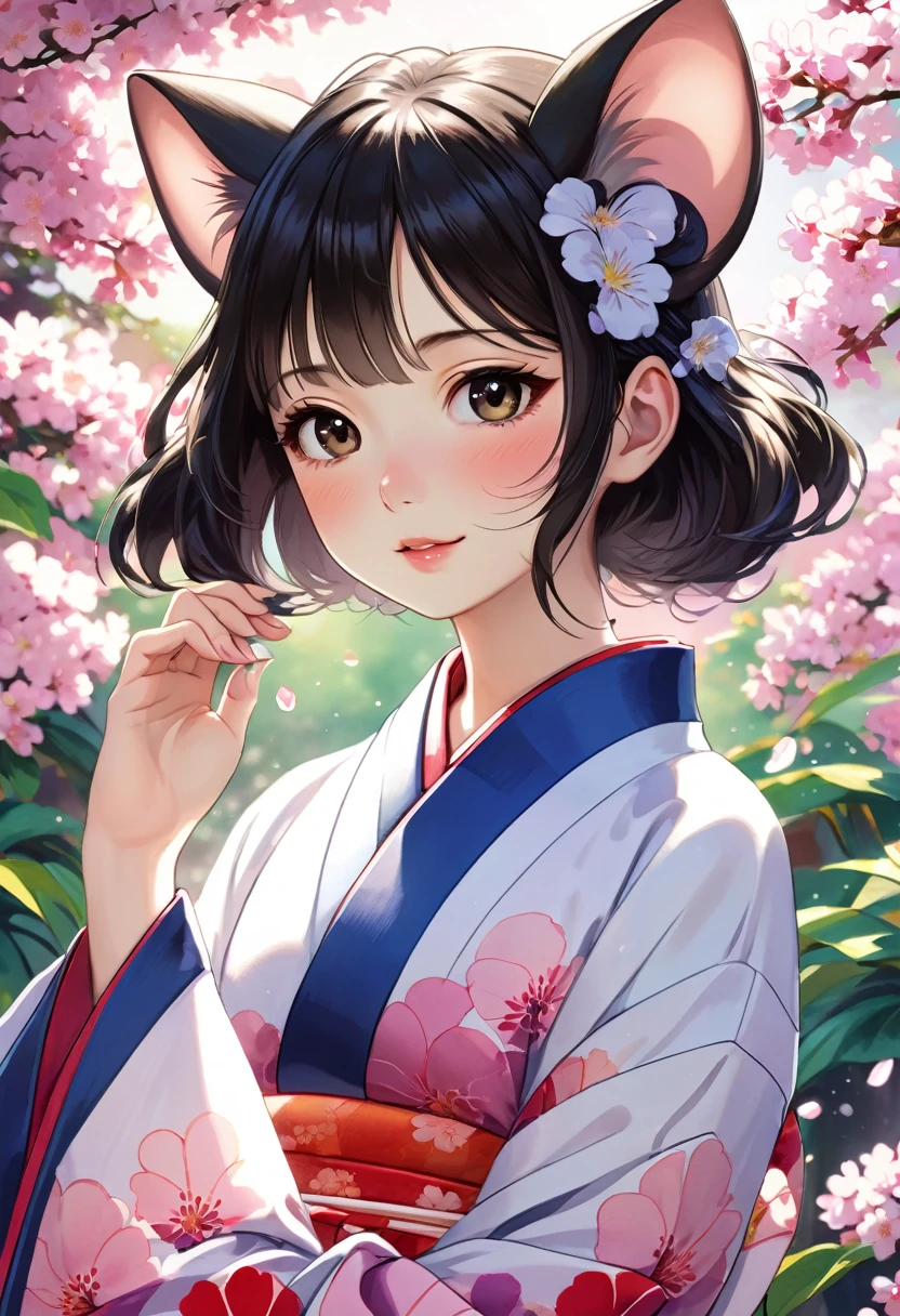 (Yumeji Takehisa style:1.2) , Hallucination, daydream , nightmare , Insane Dream , bokeh , erotica , romance , realistic mouse nymph and realistic cat , yukata , Petals fluttering down , Single eyelids, round nose, swollen cheeks , glossy lips , Collarbone , Disheveled Hair , Scorching Heat summer , (Roll up the hem with hands) , innocent smile , dynamic dance