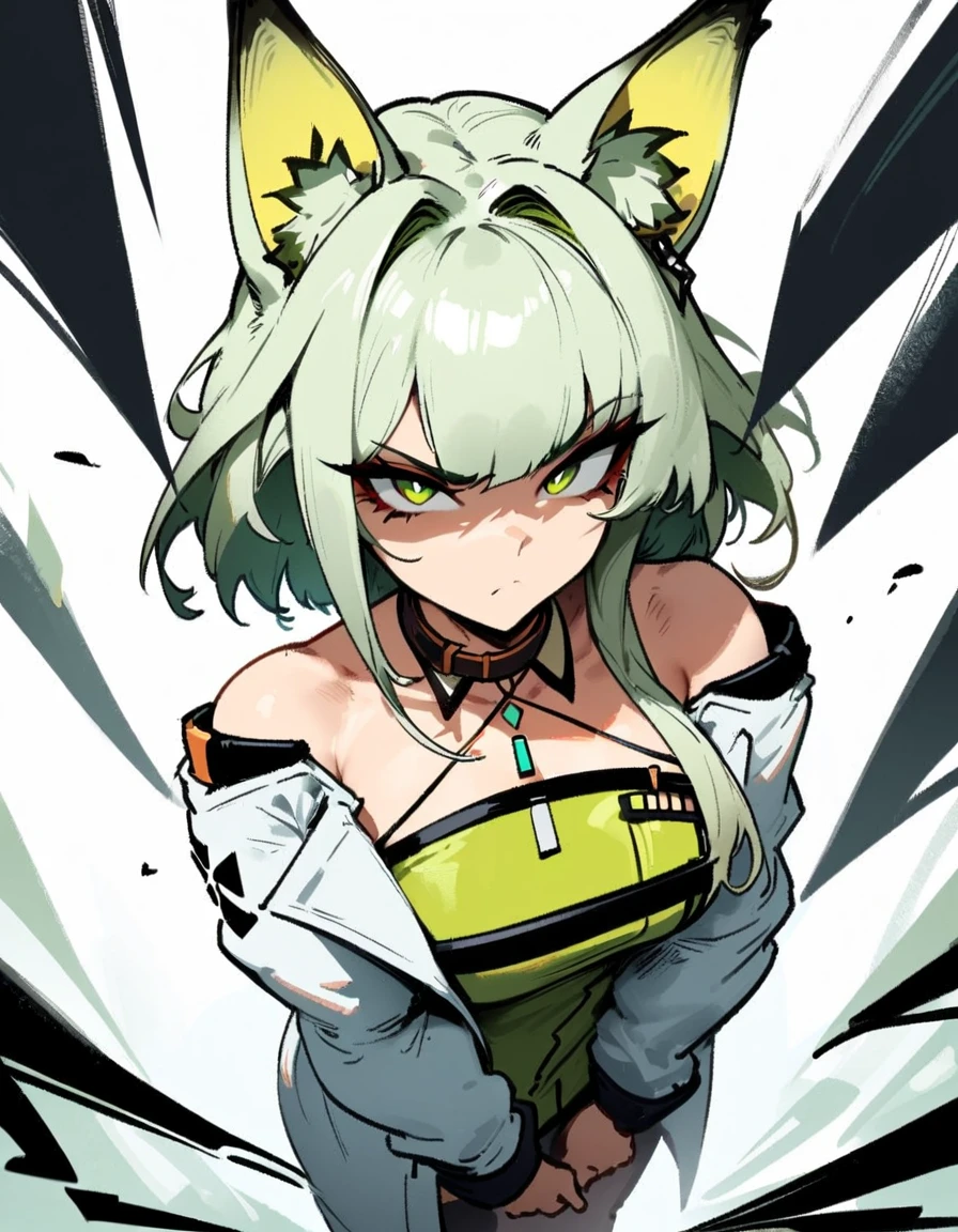 1girl, kal'tsit \(arknights\), arknights \\\\\ masterpiece, best quality, very aesthetic, absurdres, newest \\\\\\ slim body,///// ,by nyantcha,cutesexyrobutts , by khyle,,////// ,,,, , ,,detailed face, , ,, , , , , beautiful face, (white background:1.2), , sexy, , serious.angry, green eyes, animal ears, , ,,,big tits,),  in the center of the frame,,, ,wears a lab coat, ,full body ,  solo, top view