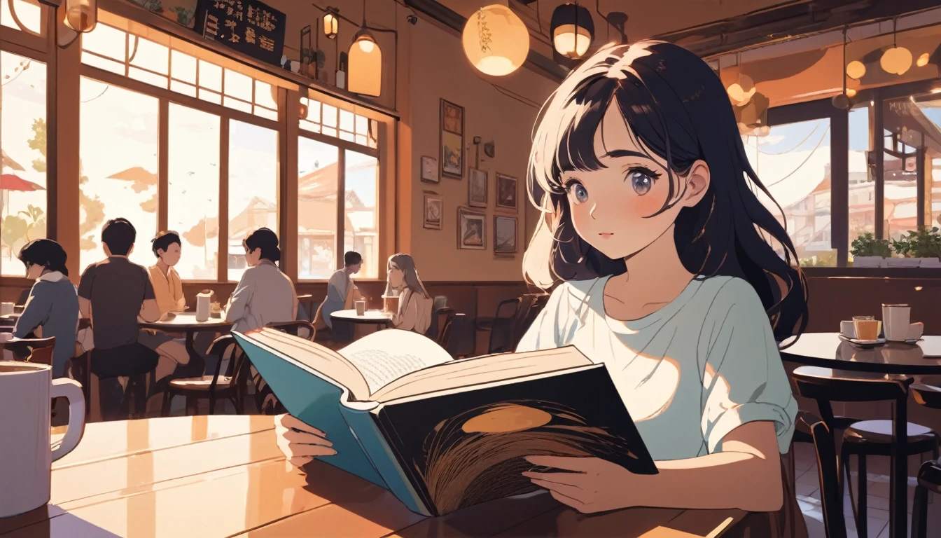 Woman reading a book in a cafe、, Wide-angle lens, Lofi Anime, Lofi illustration, Aesthetic atmosphere, Lo-Fi Style, Vector art, Flat Design, Simple shape, Warm tones, Pleasant atmosphere, Chill, In anime style, Digital drawing, Vector art, Vector logo for t-shirt printing, (Adorable:1.5), (small:1.4), (Playful:1.2), (soft:1.3), (Whimsical:1.1), masterpiece, Highest quality, 8K, Intricate details, grow, Celestial, Mysterious, Picturesque, amazing, Majestic, Magic, Fantasy art, Cover art, dream-like