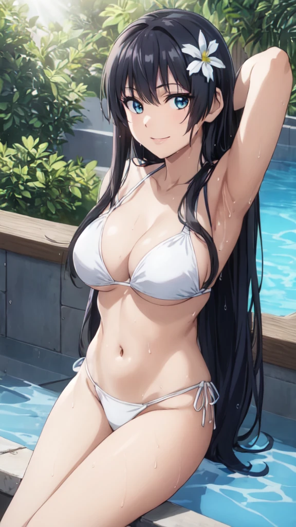 (Perfect hands, Perfect Anatomy:1.4),(anime:1.4),正面figure, Satin Ruiko, alone,(White Bikini Swimsuit:1.5),(A neat figure,thin:1.4),(Hairstyle is a princess cut:1.5),(Black Hair:1.4), blue eyes, (Black Hair:1.4),Long Hair,(Straight long hair:1.4), hair ornaments, (1 white flower decoration:1.4),(tsurime:1.4),(Sitting),(Broke up_lips:1.4),(Hime cut:1.4),(Large Breasts:1.4),(arms behind back:1.3), (Wicked Smile:1.4),,(Wet:1.4),Sit on, (View your viewers:1.3),(Pool,Poolサイドで:1.4),(Dazzling sunlight,summer:1.4)、 break (Hime cut:1.4),(masterpiece:1.5),(Extremely accurate details,Ultra-high resolution:1.4),Highly detailed CG Unity 8k wallpaper,(Realistic,Photorealistic,超Realisticな:1.5),(curve,model,Glamour:1.5),Beautiful breasts,color_aberration,Beautiful detailed shadows,Beautiful Eyes,Beautiful body,Beautiful Skin,Beautiful Hands,(美的animeの目:1.4),(figure:0.8), (Beautiful attention to detail:1.4), Highly detailed face, Perfect lighting, Highly detailed CG, (Perfect hands, Perfect Anatomy:1.4),