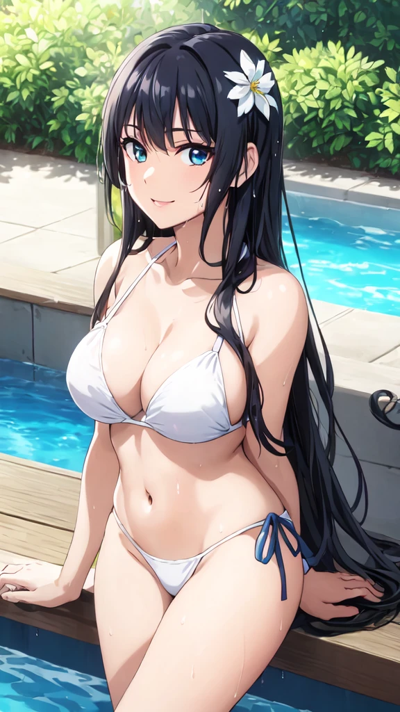 (Perfect hands, Perfect Anatomy:1.4),(anime:1.4),正面figure, Satin Ruiko, alone,(White Bikini Swimsuit:1.5),(A neat figure,thin:1.4),(Hairstyle is a princess cut:1.5),(Black Hair:1.4), blue eyes, (Black Hair:1.4),Long Hair,(Straight long hair:1.4), hair ornaments, (1 white flower decoration:1.4),(tsurime:1.4),(Sitting),(Broke up_lips:1.4),(Hime cut:1.4),(Large Breasts:1.4),(arms behind back:1.3), (Wicked Smile:1.4),14 years old,(Wet:1.4),Sit on, (View your viewers:1.3),(Pool,Poolサイドで:1.4),(Dazzling sunlight,summer:1.4)、 break (Hime cut:1.4),(masterpiece:1.5),(Extremely accurate details,Ultra-high resolution:1.4),Highly detailed CG Unity 8k wallpaper,(Realistic,Photorealistic,超Realisticな:1.5),(curve,model,Glamour:1.5),Beautiful breasts,color_aberration,Beautiful detailed shadows,Beautiful Eyes,Beautiful body,Beautiful Skin,Beautiful Hands,(美的animeの目:1.4),(figure:0.8), (Beautiful attention to detail:1.4), Highly detailed face, Perfect lighting, Highly detailed CG, (Perfect hands, Perfect Anatomy:1.4),