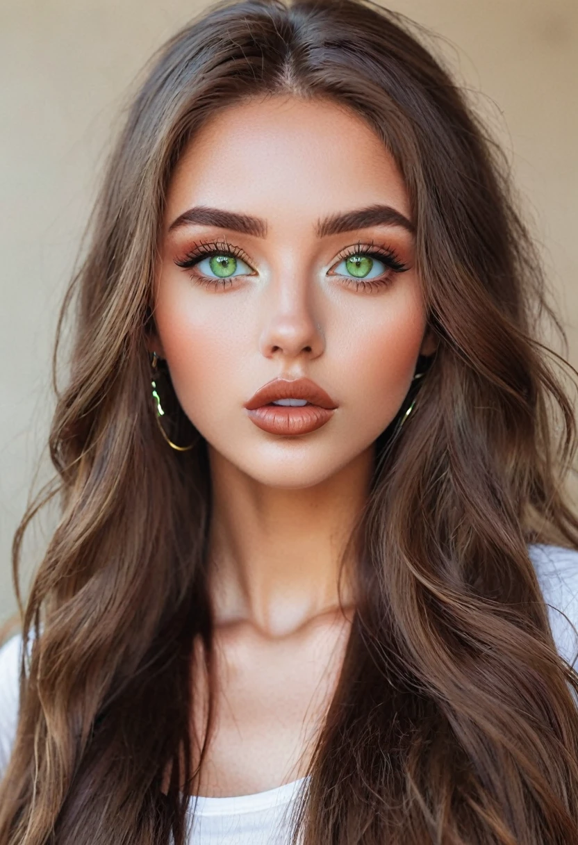 Instagram model, , brown long hair, light green eyes, big lips, beautiful face, nose piercing, close-up of face 