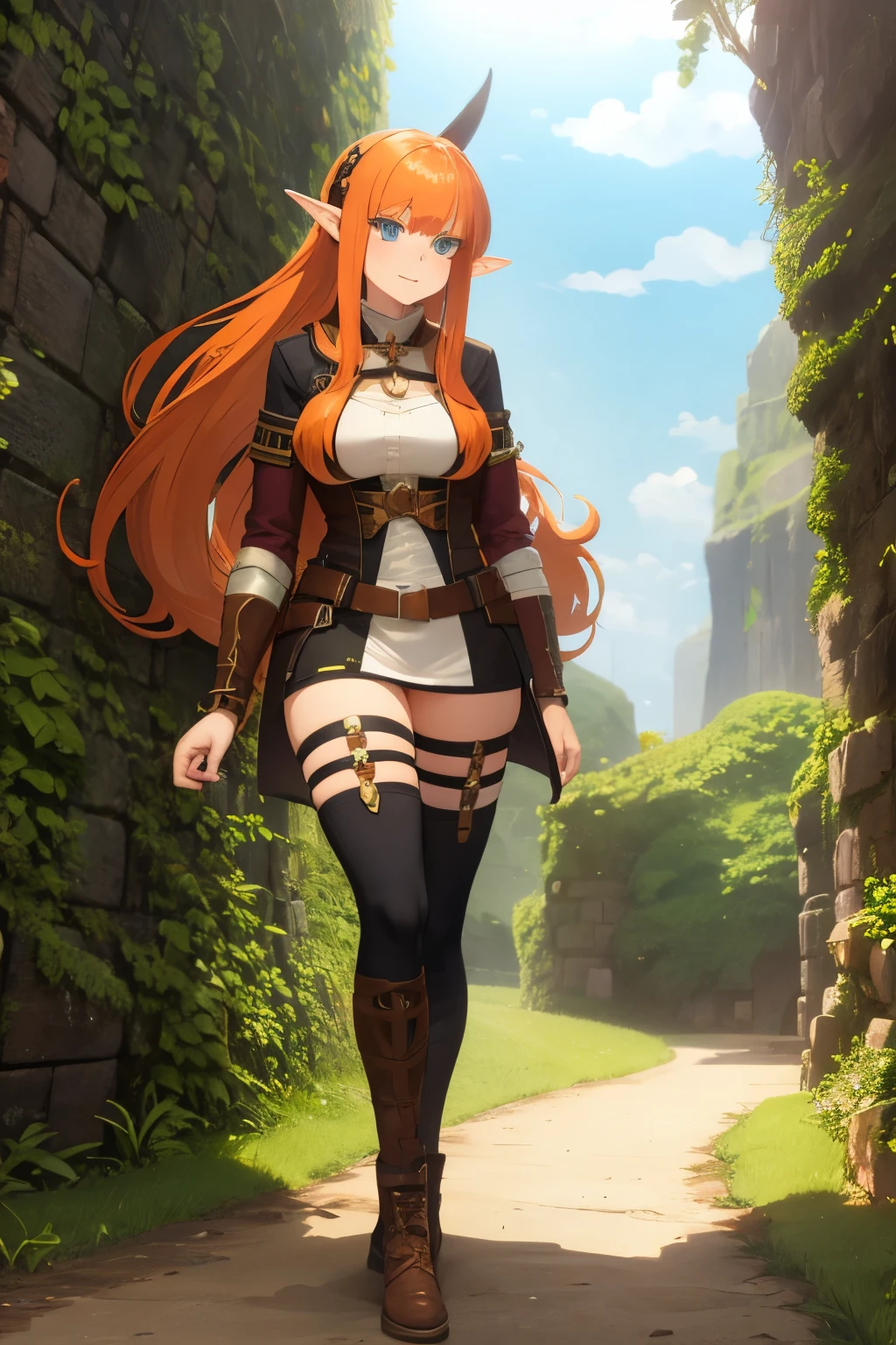 Ginger Hair, Long hair, adventuerer outfit, fantasy outfit, ponytail, bangs, anime, large breasts, elf ears