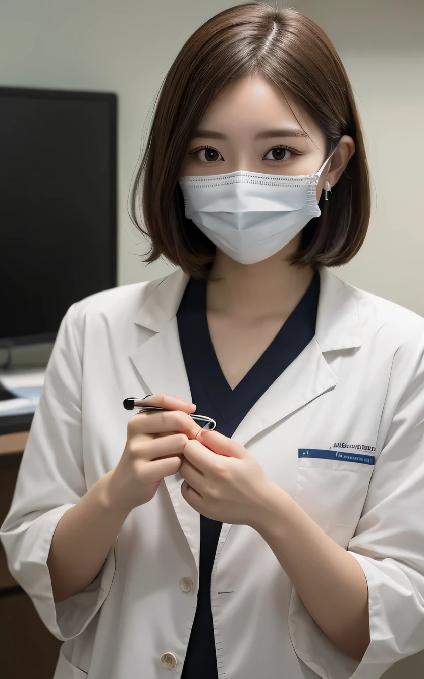 Super detailed, In detail, High resolution, 8k wallpaper, Perfect dynamic composition, Beautiful attention to detail, Doctor's attire,Short Haircut、Brown Hair、Ear piercing, Mask on mouth,20-year-old girl、 、Examination room、Stethoscope
