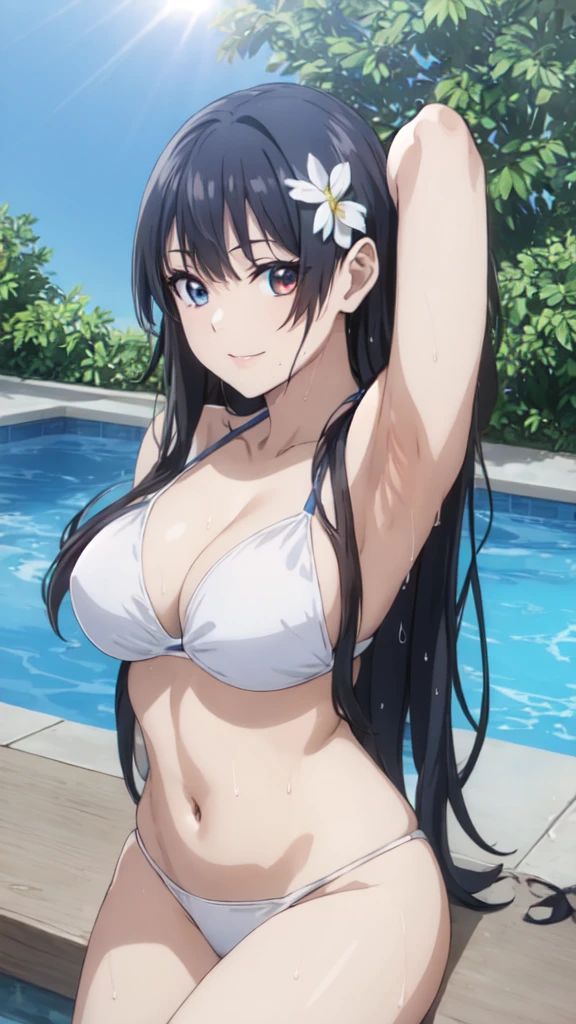 (Perfect hands, Perfect Anatomy:1.4),(anime:1.4),正面figure, Satin Ruiko, alone,(White Bikini Swimsuit:1.5),(A neat figure,thin:1.4),(Hairstyle is a princess cut:1.5),(Black Hair:1.4), blue eyes, (Black Hair:1.4),Long Hair,(Straight long hair:1.4), hair ornaments, (1 white flower decoration:1.4),(tsurime:1.4),(Sitting),(Broke up_lips:1.4),(Hime cut:1.4),(Large Breasts:1.4),(arms behind back:1.3), (Wicked Smile:1.4),,(Wet:1.4),Sit on, (View your viewers:1.3),(Pool,Poolサイドで:1.4),(Dazzling sunlight,summer:1.4)、 break (Hime cut:1.4),(masterpiece:1.5),(Extremely accurate details,Ultra-high resolution:1.4),Highly detailed CG Unity 8k wallpaper,(Realistic,Photorealistic,超Realisticな:1.5),(curve,model,Glamour:1.5),Beautiful breasts,color_aberration,Beautiful detailed shadows,Beautiful Eyes,Beautiful body,Beautiful Skin,Beautiful Hands,(美的animeの目:1.4),(figure:0.8), (Beautiful attention to detail:1.4), Highly detailed face, Perfect lighting, Highly detailed CG, (Perfect hands, Perfect Anatomy:1.4),