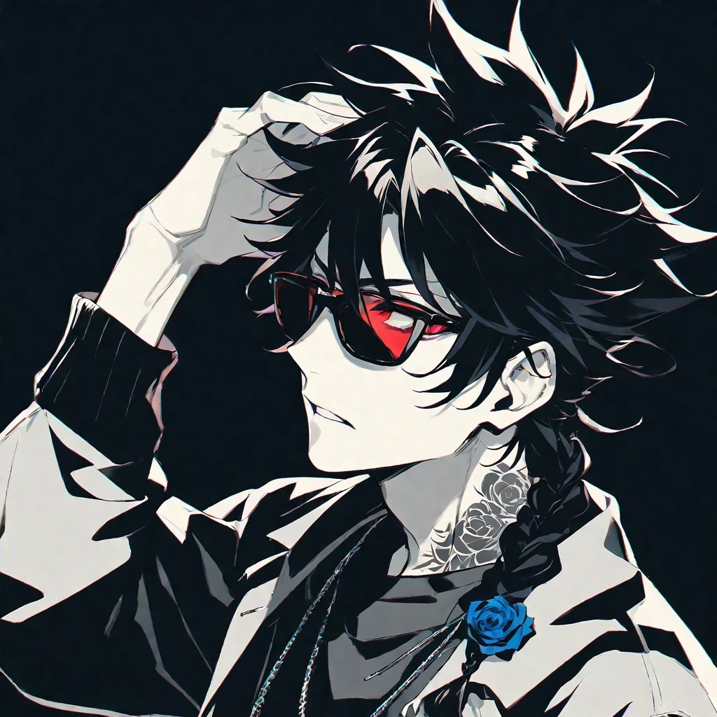 Solo,handsome, monochrome,モノトーン,1 male, Ponytail, Braided black hair, red eyes, Gojo Satoru,casual,Blue Rose Tattoo,black Oversized ,casual,Stylish,cool,Wear sunglasses around your neck,Void,look up,
blackbackground,İcon,Despise face up