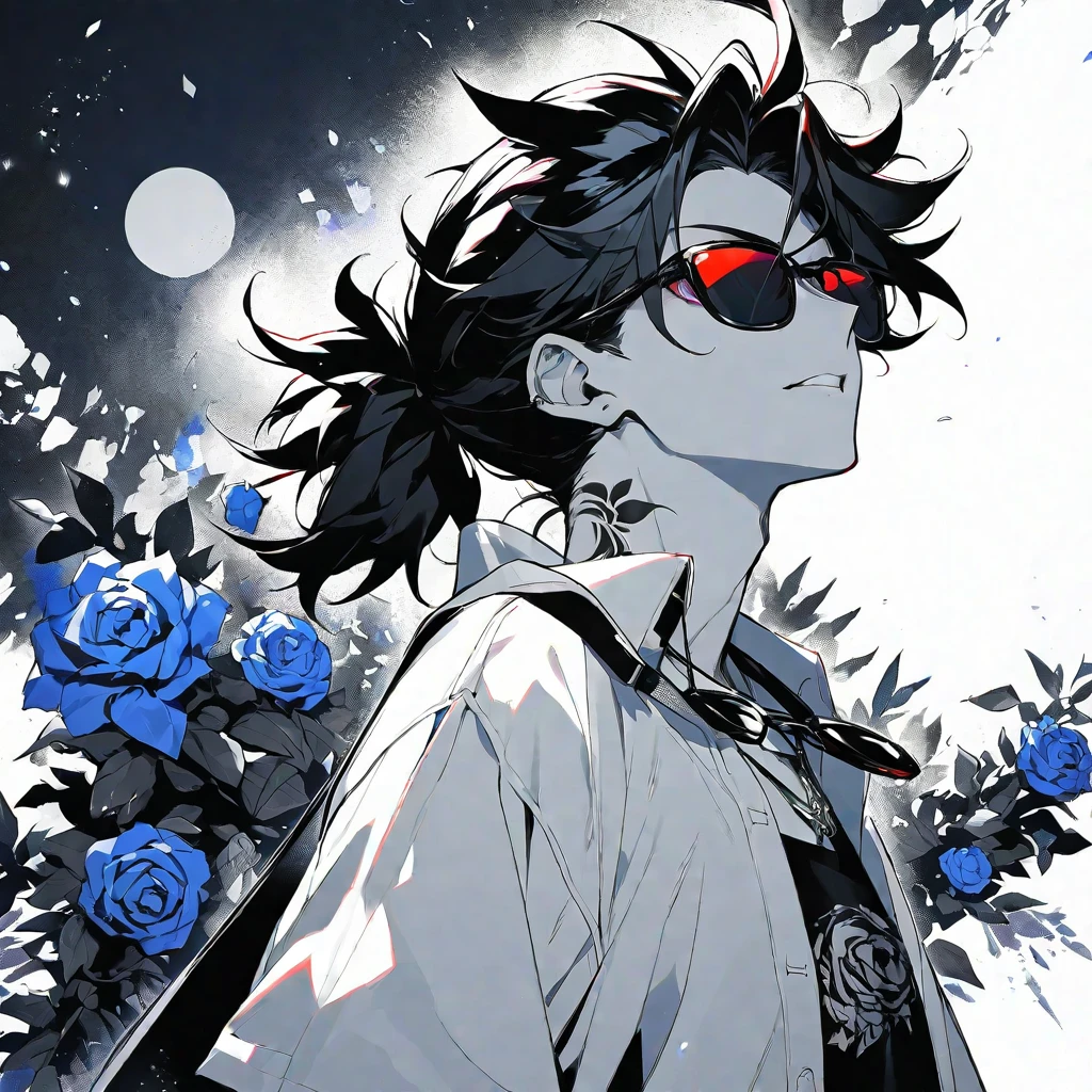 Solo,handsome, monochrome,モノトーン,1 male, Ponytail, Braided black hair, red eyes, Gojo Satoru,casual,Blue Rose Tattoo,black Oversized ,casual,Stylish,cool,Wear sunglasses around your neck,Void,look up,
blackbackground,İcon,Despise face up