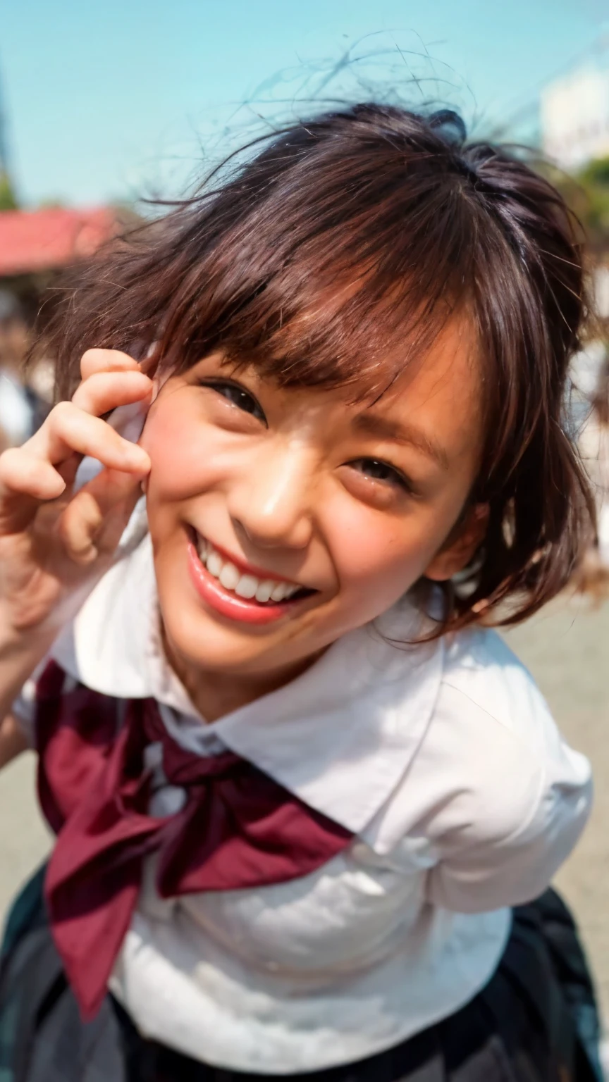 Close-up、(Realistic、Like a photograph、Live Action、8K, Realistic, RAW Photos, Best image quality: 1.4), Single-lens reflex camera、RAW Photos, Highest quality, Realistic, Very detailedな CG Unity 8K 壁紙, Written boundary depth, Cinematic Light, Lens flare, Ray Tracing, Realistic background、Many people々:1.4、((Japanese schoolgirl:1.form:1.3、Uniform skirt:1.3)、Big Breasts)、((ultra high density skin))、 1 female,Cute school girl、((Girls cheering in the schoolyard、support、(whole body:1.5)、Smiling at school in Japan))、Pink inner color hair、short hair:1.2、Tie your hair with a hair clip、I like that style、stylish、Very detailed、Pay attention to the details、Perfect outfit、(Sunburned skin)、Beautiful feet:1.1，front