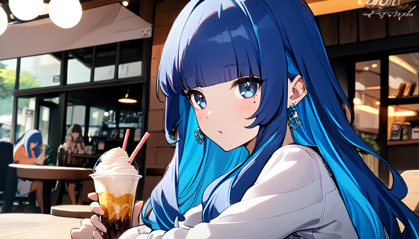 (1 girl) eida, blue hair, blunt bangs, colored colored inner hair, long hair, earrings, long sidelocks, chilling in cafe