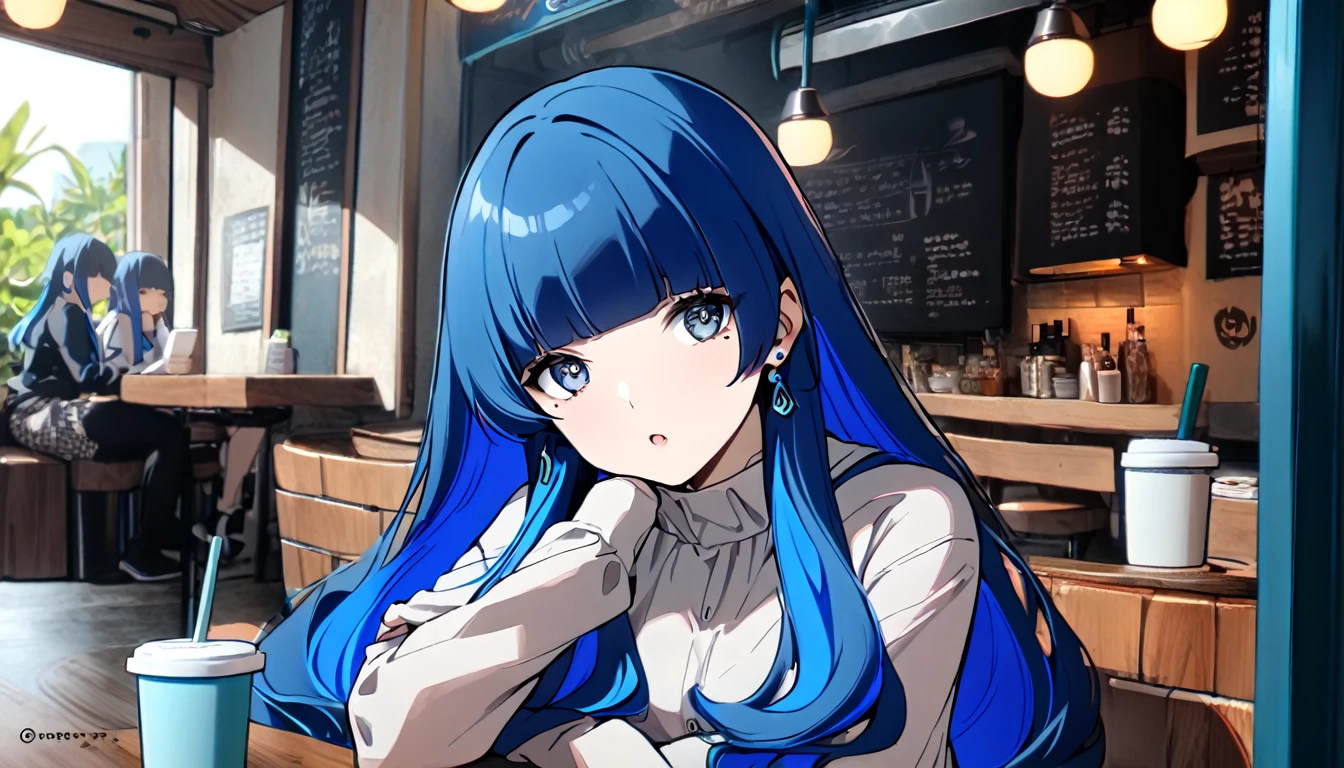 (1 girl) eida, blue hair, blunt bangs, colored colored inner hair, long hair, earrings, long sidelocks, chilling in cafe