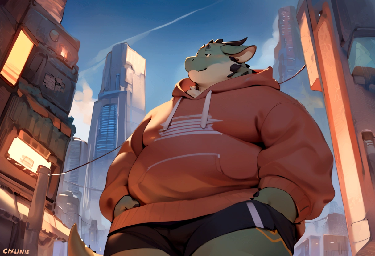 Dragon,male, adult, chubby,round belly,yaoi, doujin,wearing stylish sweatshirt, Shorts, cyberpunk big city, summer vibes, detail background, out view scale, pixiv artwork,hd,4k, colour full, smooth lighting, three point perspective,Ghibli style,artwork by quanjiang, by chunie, by quanjiang,