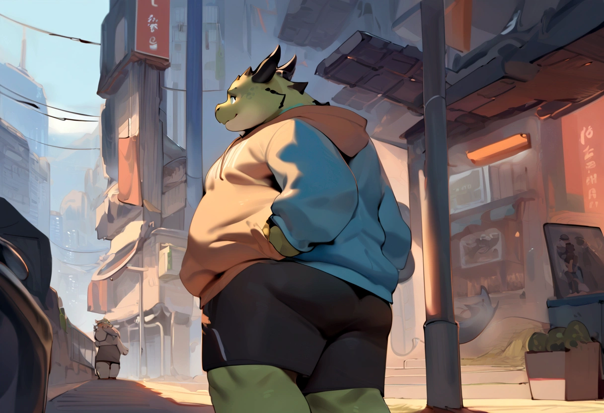 Dragon,male, adult, chubby,round belly,yaoi, doujin,wearing stylish sweatshirt, Shorts, cyberpunk big city, detail background, out view scale, pixiv artwork,hd,4k, colour full, smooth lighting, Netflix cinema quality, by chunie, by quanjiang,