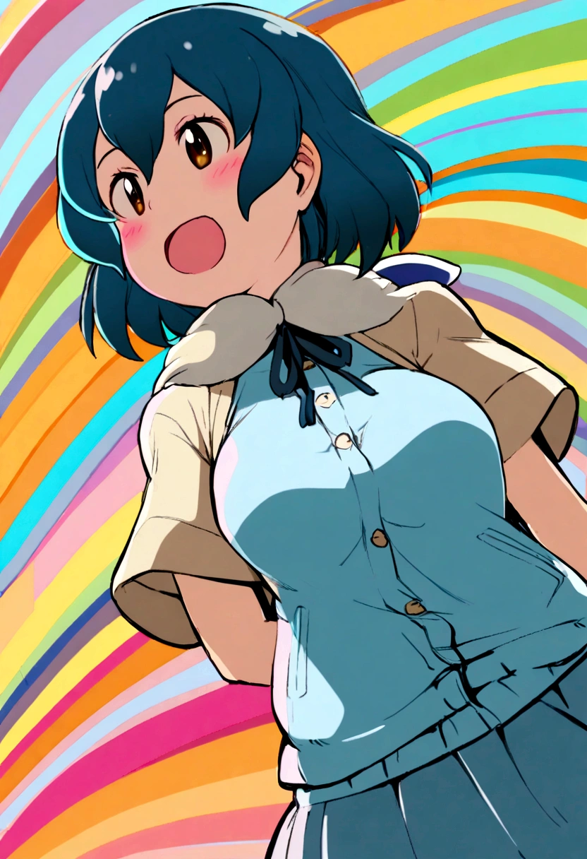 masterpiece, best quality, looking at viewer, upper body, portrait, looking at viewer, seductive smile, put your hands behind your head, armpits, armpits visible, sweaty armpits, xenovia quarta, very large breasts, short blue hair, wearing blue tanktop,