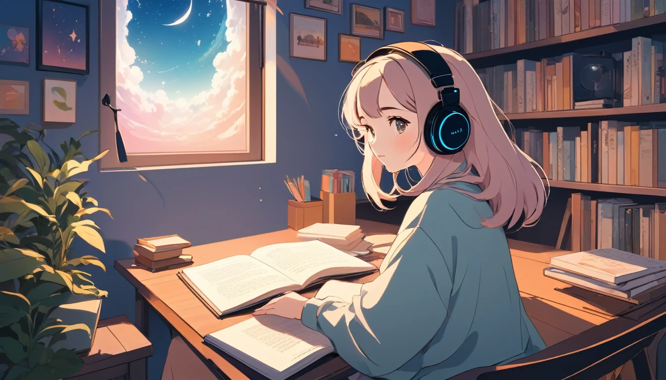 A woman studying with headphones on、, Wide-angle lens, Lofi Anime, Lofi illustration, Aesthetic atmosphere, Lo-Fi Style, Vector art, Flat Design, Simple shape, Warm tones, Pleasant atmosphere, Chill, In anime style, Digital drawing, Vector art, Vector logo for t-shirt printing, (Adorable:1.5), (small:1.4), (Playful:1.2), (soft:1.3), (Whimsical:1.1), masterpiece, Highest quality, 8K, Intricate details, grow, Celestial, Mysterious, Picturesque, amazing, Majestic, Magic, Fantasy art, Cover art, dream-like