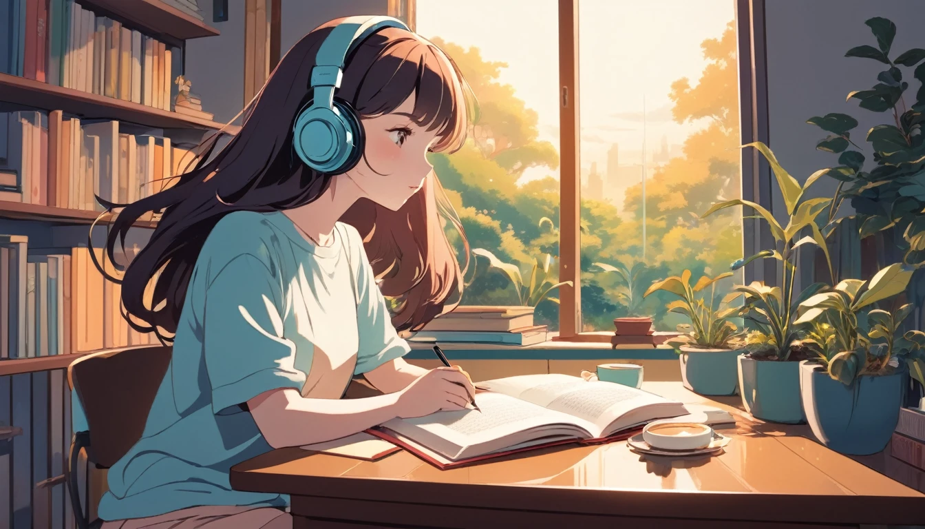 A woman studying with headphones on、, Wide-angle lens, Lofi Anime, Lofi illustration, Aesthetic atmosphere, Lo-Fi Style, Vector art, Flat Design, Simple shape, Warm tones, Pleasant atmosphere, Chill, In anime style, Digital drawing, Vector art, Vector logo for t-shirt printing, (Adorable:1.5), (small:1.4), (Playful:1.2), (soft:1.3), (Whimsical:1.1), masterpiece, Highest quality, 8K, Intricate details, grow, Celestial, Mysterious, Picturesque, amazing, Majestic, Magic, Fantasy art, Cover art, dream-like