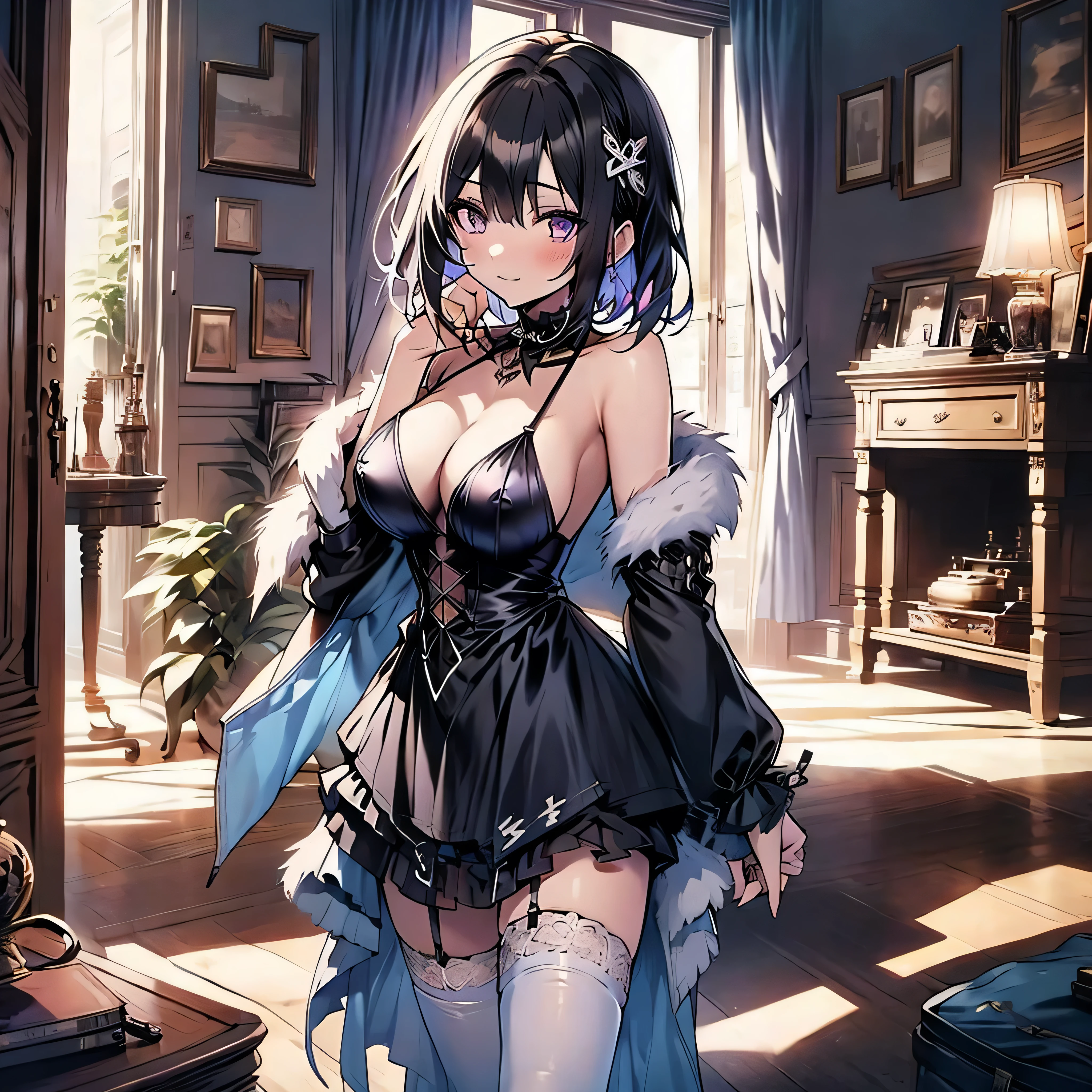 (solo:1.2), (1 skinny short girl:1.2), dark hall of mansion, (midnight), purple eyes over hair, Gothic Lolita, perfect anatomy, BREAK, (black short hair), (large breasts), perky breasts, white skins, (skinny narrow waist), skinny legs, BREAK, (frilled layered black short dress), frilled long sleeve, show off thigh gap, (frilled black thighhighs), stiletto heels, BREAK, sad face, orgasm, coverd erectile nipples