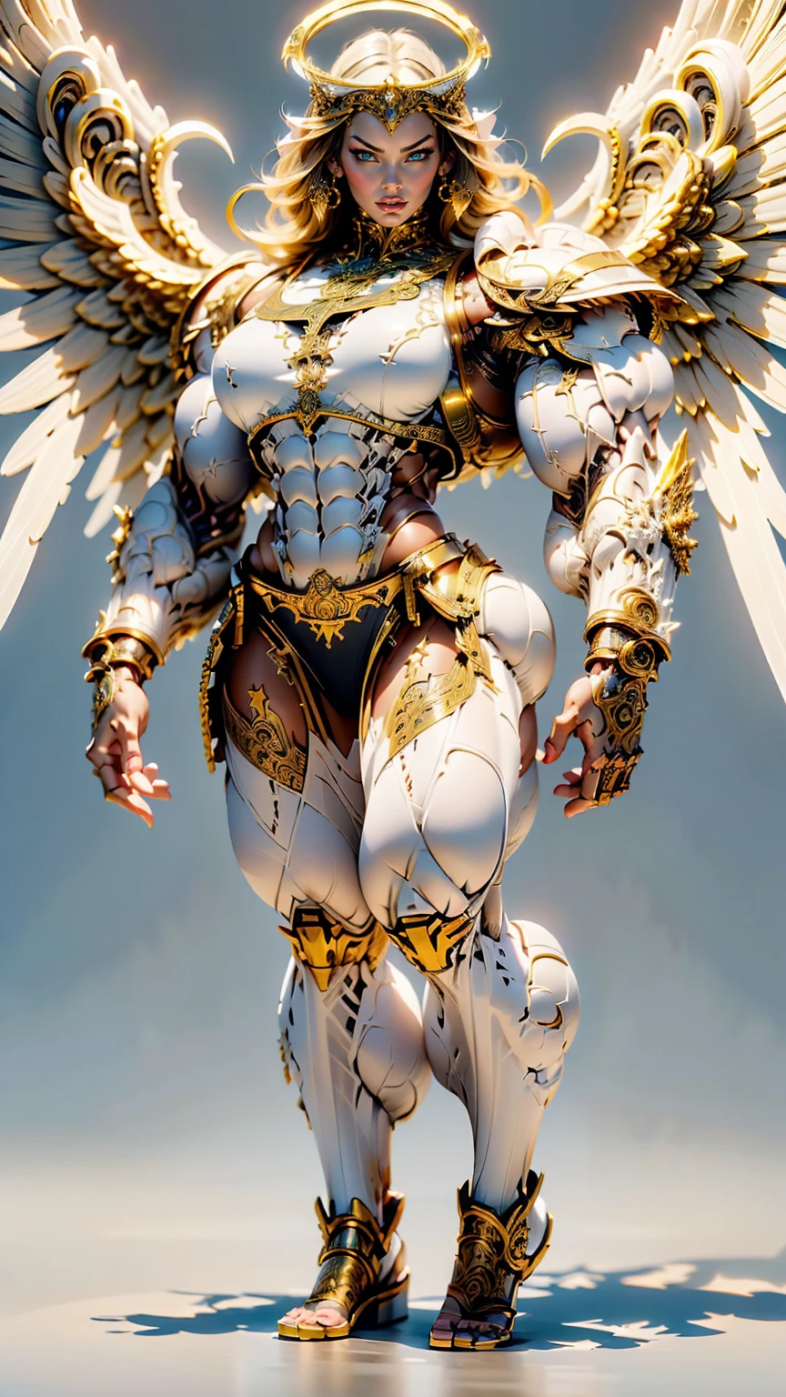 (cara delevingne), ((((((1 muscular angel girl)))))), (((huge upper body))), long hair, ((((huge angelic wings))), (((intricate ornate angelic full body armor))), ((((full body front view)))), (((perfect hands, perfect fingers))), (((empty background)))